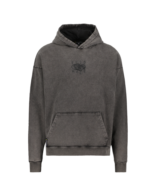 KUSOWORLD Washed Black Hoodie - World Embroidery